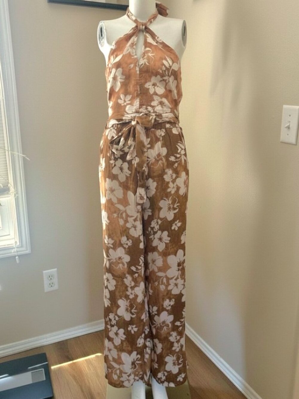 Elan Smocked Floral Tank and Pants Brown Tie Strap Wide Leg Size Small S NWT